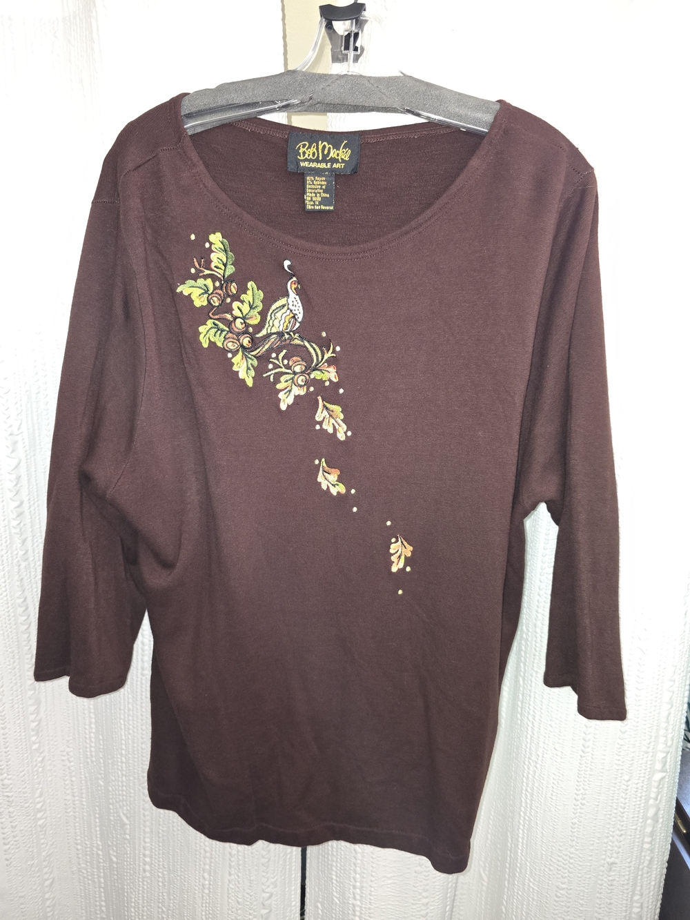 Bob Mackie Women's Brown Embroidered Long Sleeve Top